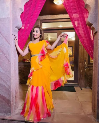 DIKONA DESIGNER Printed, Solid/Plain, Digital Print, Striped, Self Design Bollywood Chiffon, Georgette Saree(Yellow, Red)