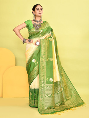 Elora Floral Print Banarasi Silk Blend Saree(Multicolor)