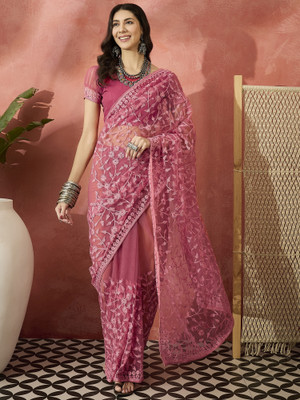 manvaa Embroidered Daily Wear Net Saree(Pink)