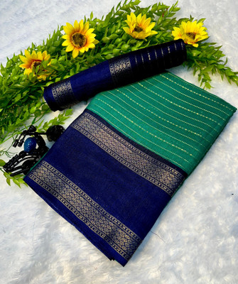 Anuradha Enterprise Striped, Woven, Solid/Plain Mysore Silk Blend Saree(Green)