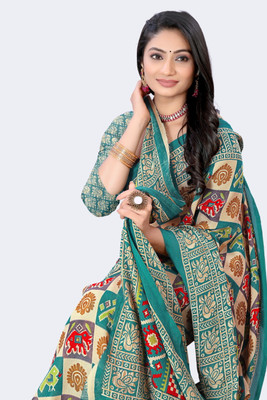 Treshpino Printed Ikkat Georgette Saree(Light Green)