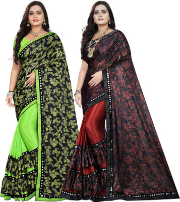 DECOFIN Embellished, Floral Print Bollywood Lycra Blend Saree(Pack of 2, Light Green, Red)
