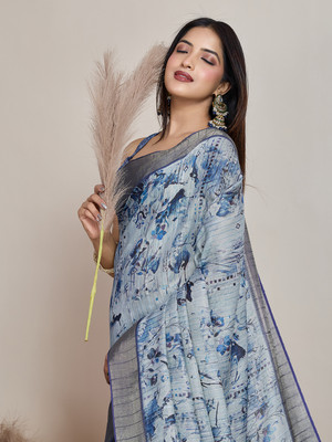 Eeza Printed Bollywood Tissue Saree(Blue)
