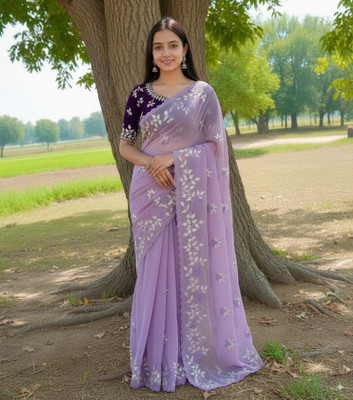 RangTarang Embroidered, Floral Print, Woven, Self Design Bollywood Georgette Saree(Purple, Blue)