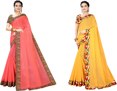 manish Solid/Plain Chanderi Cotton Blend Saree(Pack of 2, Pink, Yellow)