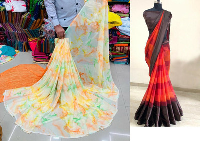 HouseOfCommon Self Design Bollywood Georgette Saree(Pack of 2, Orange)