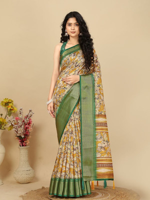 J6 Designers Floral Print Assam Silk Art Silk Saree(Yellow)
