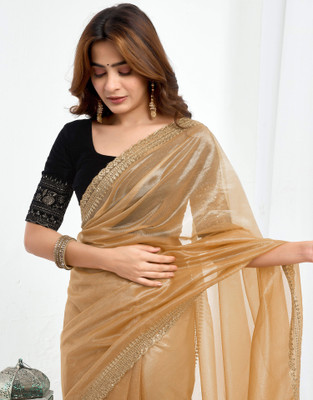 Samah Solid/Plain Bollywood Jimmy choo, Net Saree(Brown)