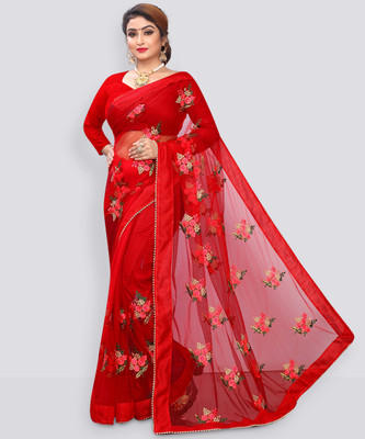 MYSTERY BOX Embroidered Bollywood Net Saree(Red)