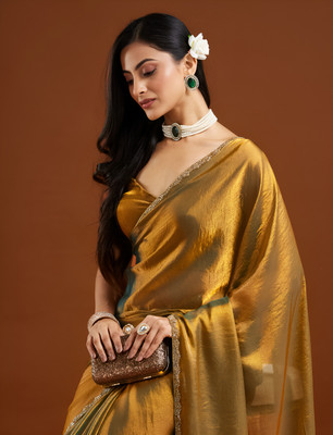 QVIDYA Solid/Plain Bollywood Organza, Silk Blend Saree(Mustard)