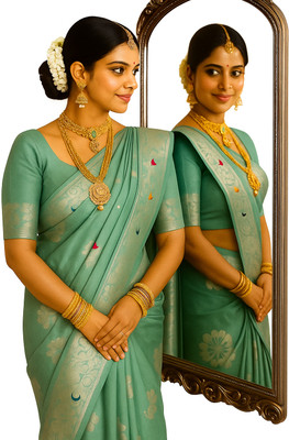 shopizobymizzu Woven, Floral Print Assam Silk Silk Blend Saree(Light Green, Grey, Green, Beige)