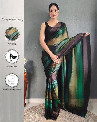 SIRIL Geometric Print, Printed Bollywood Georgette Saree(Green, Black)