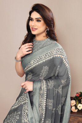 MIRCHI FASHION Printed, Blocked Printed, Embellished Daily Wear Chiffon, Georgette Saree(Grey, Cream)