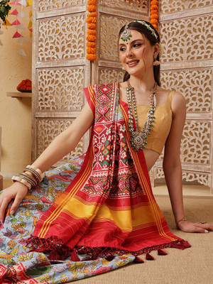 SILK ZONE Printed Patola Cotton Silk Saree(Multicolor)