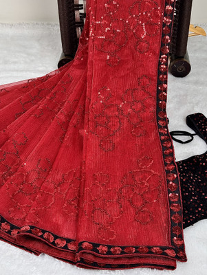OZONE DESIGNS Embroidered Bollywood Net Saree(Red)