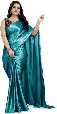 PCDESIGNER Solid/Plain Bollywood Satin Saree(Light Blue)
