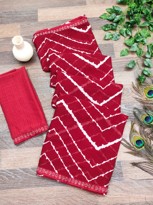 Anand Sarees Embellished, Striped, Printed Leheria Georgette Saree(Red)