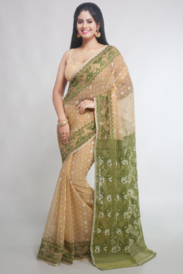 WoodenTant Woven Jamdani Cotton Silk Saree(Beige, Green)