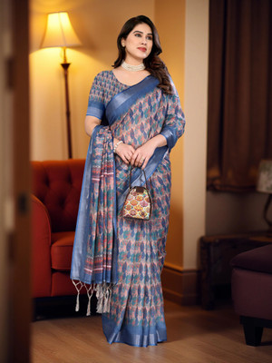 Myraani Printed Daily Wear Cotton Linen Saree(Dark Blue, Multicolor)