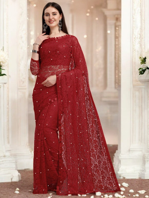 NORAFLEX Embroidered Bollywood Net Saree(Maroon)