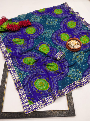 Kanooda Prints Printed Bandhani Georgette Saree(Blue)
