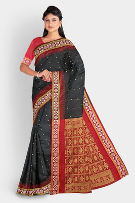 LYANNA Temple Border, Solid/Plain Sambalpuri Handloom Dupion Silk, Cotton Linen Saree(Black)