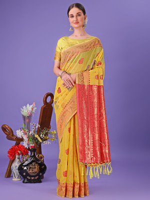 Divastri Woven Banarasi Cotton Linen Saree(Yellow)