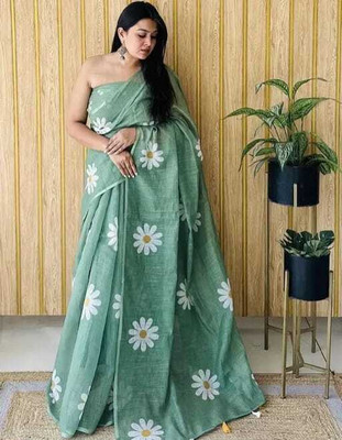 Vleez Printed Handloom Pure Cotton Saree(Dark Green)