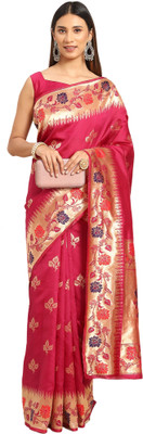 Akhilam Embroidered Banarasi Silk Blend Saree(Magenta)