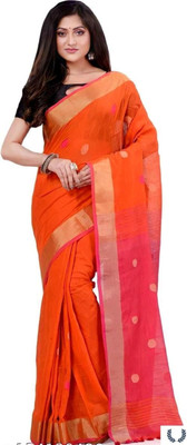 AjoyDas Solid/Plain Handloom Pure Cotton Saree(Orange)