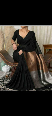 SAYAN CREATION Self Design, Temple Border Handloom Cotton Blend Saree(Black)