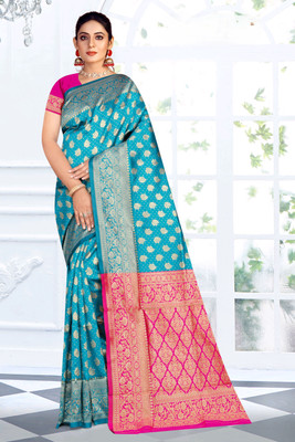 Radharani fusion Woven Paithani Cotton Silk Saree(Blue, Pink)
