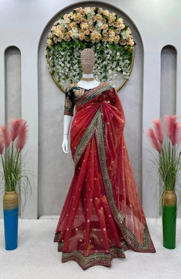 Verviza Embroidered Bollywood Net Saree(Red)