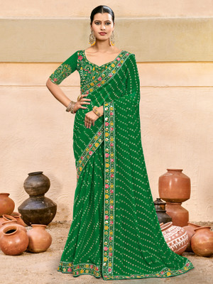 Sareemall Self Design Bandhani Georgette Saree(Green)