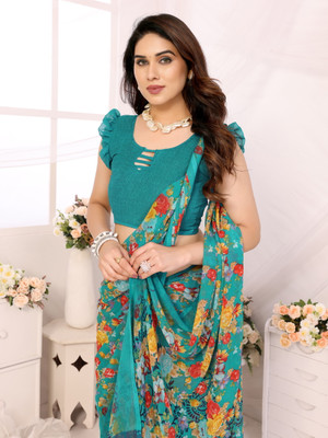 TTH Printed Bollywood Georgette Saree(Light Blue, Yellow, Red)