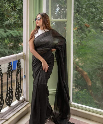 TWIRL Solid/Plain Handloom Cotton Blend Saree(Black)