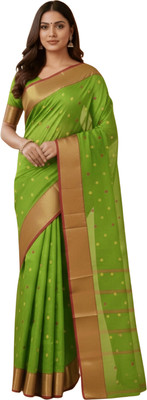 ROOTS Woven, Self Design Tant Cotton Blend Saree(Light Green)