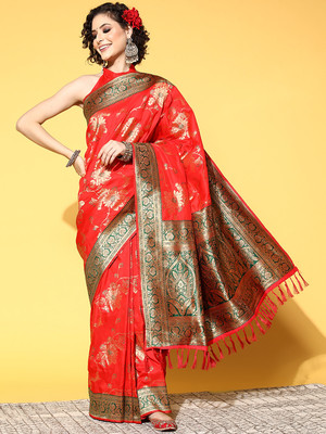 Divastri Floral Print Banarasi Silk Blend Saree(Red)