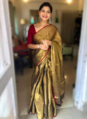 Ghosh handloom Solid/Plain Handloom Tissue Saree(Dark Green)