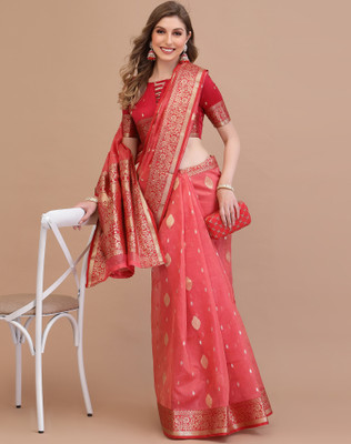 Satrani Woven, Embellished, Self Design Banarasi Silk Blend Saree(Pink, Multicolor)