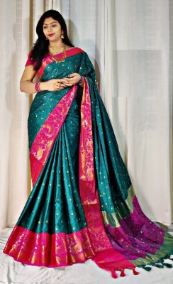 Apnisha Self Design Banarasi Pure Silk Saree(Dark Green, Pink)