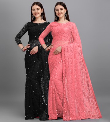 LOROFY Self Design Bollywood Net Saree(Pack of 2, Black, Pink)