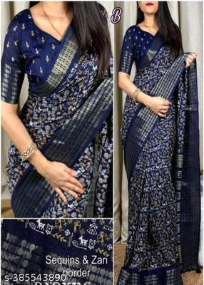 Sitanjali Printed Bollywood Cotton Blend, Art Silk Saree(Dark Blue)
