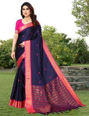 EN Creation Embellished, Self Design, Woven Mysore Cotton Silk Saree(Dark Blue)