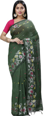 DipDiya Embroidered, Self Design Handloom Pure Cotton Saree(Dark Green)