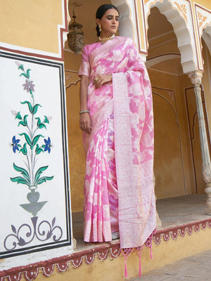 Janasya Woven Banarasi Cotton Linen Saree(Pink)
