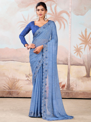 Sareemall Embroidered Bollywood Chiffon Saree(Blue)