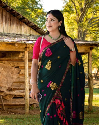 vrajnetic Woven Mekhela Chador Pure Cotton Saree(Green)