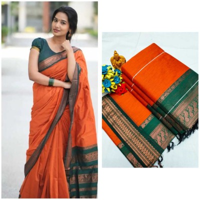 dhruti Self Design Handloom Cotton Blend Saree(Orange)