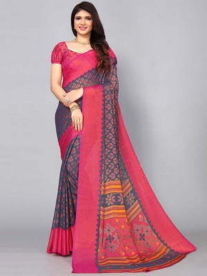 Falessa Printed, Floral Print Bollywood Brasso Saree(Pink, Dark Blue)